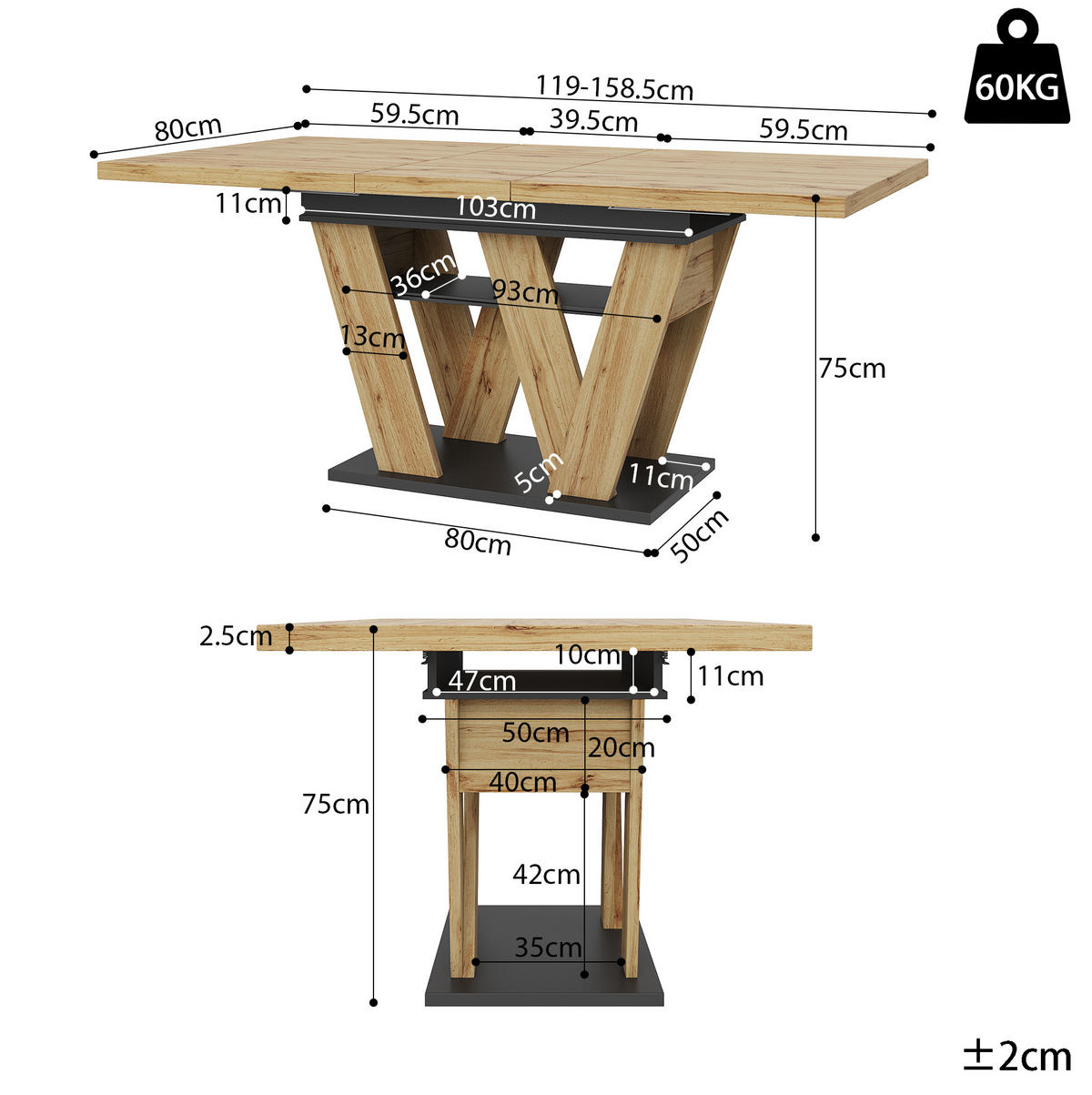 ESSTISCH aus MDF 119-158,5x80x75 cm Schwarz/Natur ausziehbar mit Ablagefach und W-förmigen Beinen - Naturfarben, Holzwerkstoff (158.5/80/75cm) - Modfu