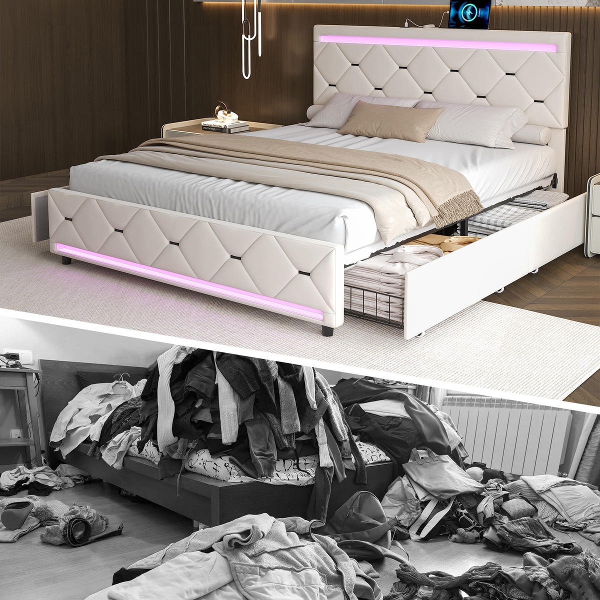 POLSTERBETT 160x200 cm LED USB 4 Schubladen Lattenrost cremeweiß - Weiß, Holz (160/200cm) - LEBENLANG