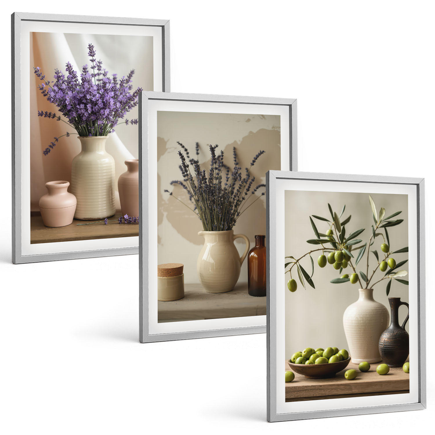 BILDER SET 3er Set - 40x60 cm Silberner Rahmen - Lavendelblüten, Oliven, Gefäße - Silberfarben, Kunststoff (40/60cm) - TULUP