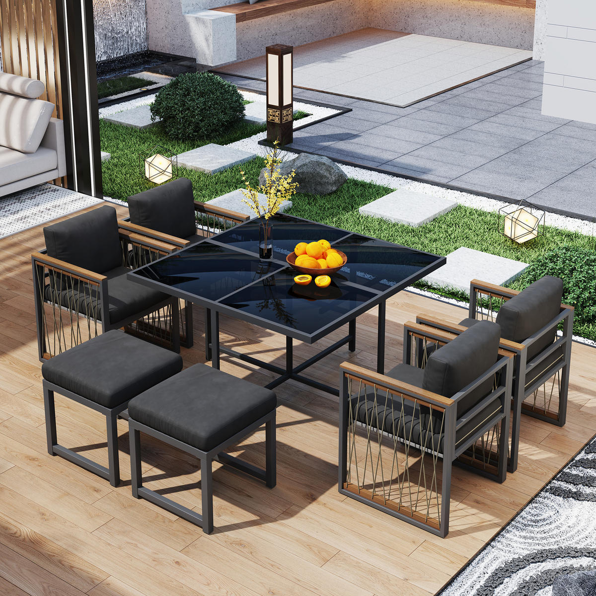 GARTENSET 7 tlg Glas Tisch 6 Personen - Schwarz, Metall - LEBENLANG