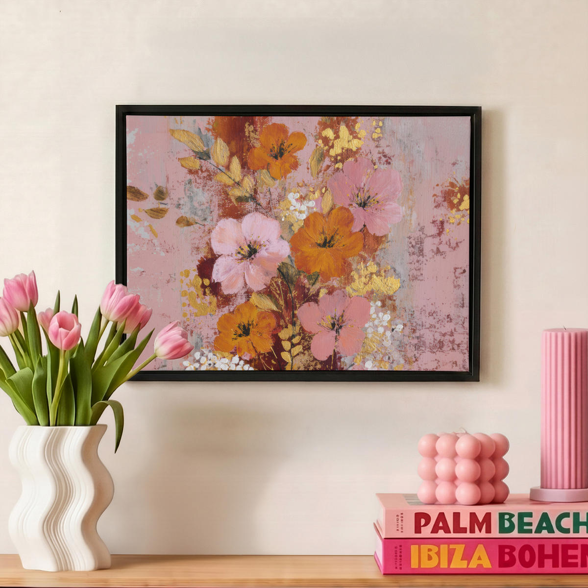 LEINWAND Bilder mit Rahmen - Malerei - Blumen - Rustikal - Rosa - 40x30 - Altrosa, Textil (40/30cm) - MuchoWow