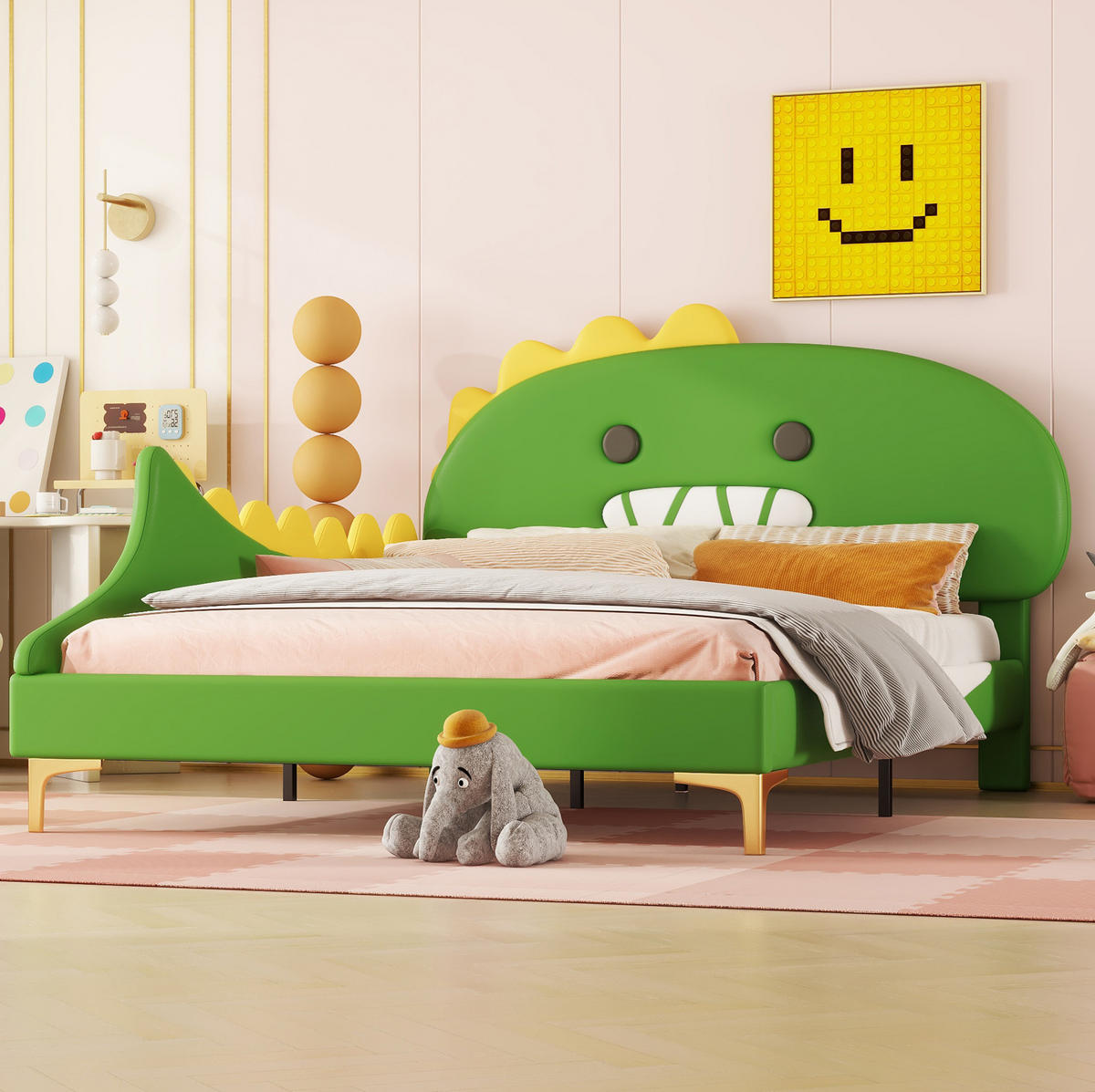 KINDERBETT 140/200 cm in Grün mit Dino-Kopfteil aus PU und MDF - Grün, Leder (140/200cm) - BEAOK