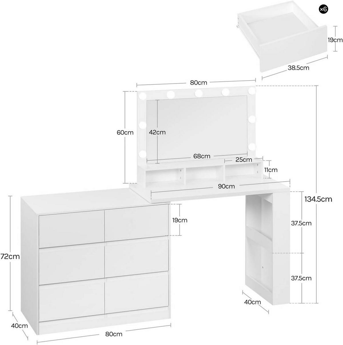 SCHMINKTISCH mit LED, Spiegel, Kommode, Weiß - Weiß, Glas/Holzwerkstoff (90/134.5/40cm) - Woltu