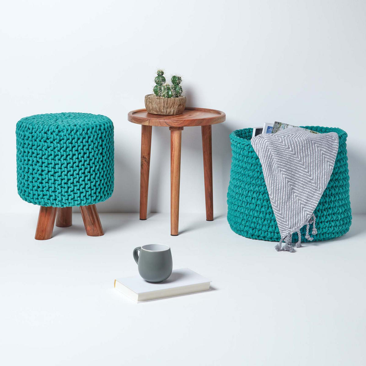 STRICK-HOCKER petrol-grün, Dreibein 32/32/42 cm - Grün, Textil (32/42/32cm) - Homescapes