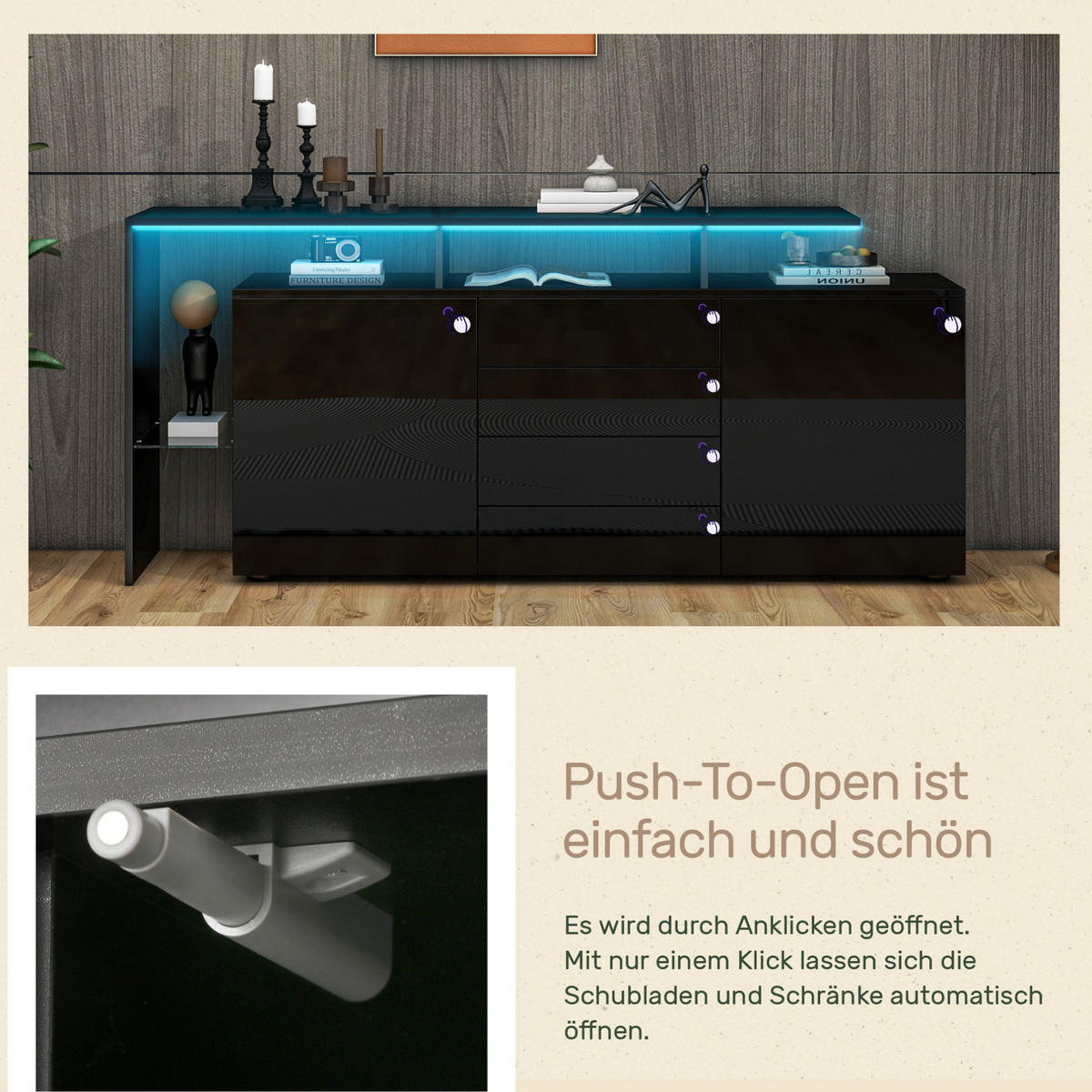 SIDEBOARD aus Spanplatte und Glas 160x35x70 cm Schwarz mit LED-Beleuchtung, 4 Schubladen und Stauraum - Schwarz, Holzwerkstoff (160/70/35cm) - IVMEU