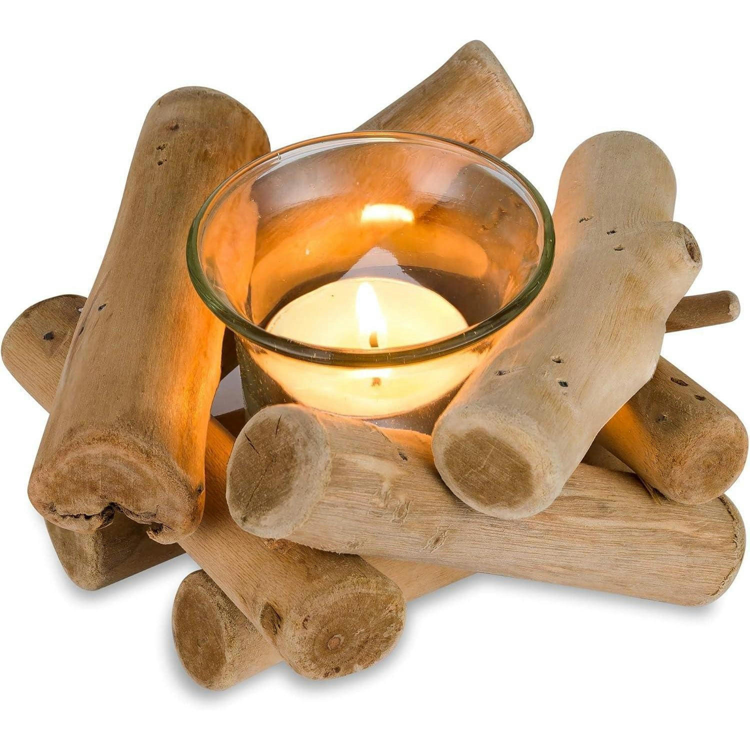 TEELICHTHALTER Holz mit Glasbecher Vintage 1 Stück - Hellbraun, Holz (8cm)