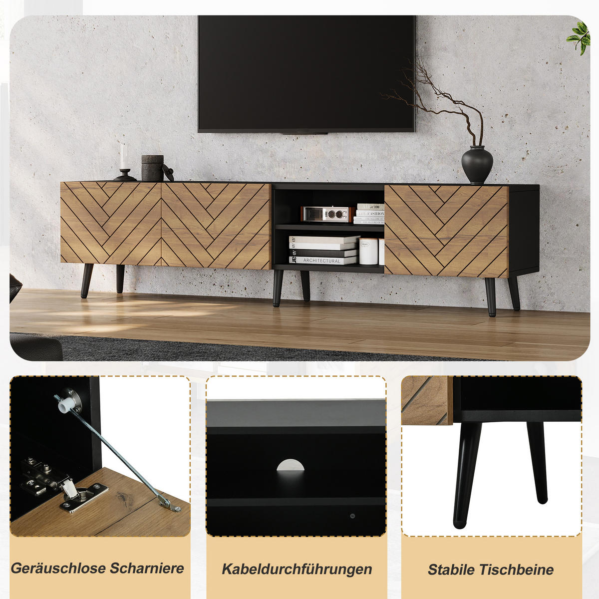 LOWBOARD in Holzfarbe TV-Ständer mit geräuschlosen Scharnieren für Wohnzimmer, B180/T33,5/H45 cm - Schwarz/Naturfarben, Holzwerkstoff/Metall (180/45/33.5cm) - STILVORA