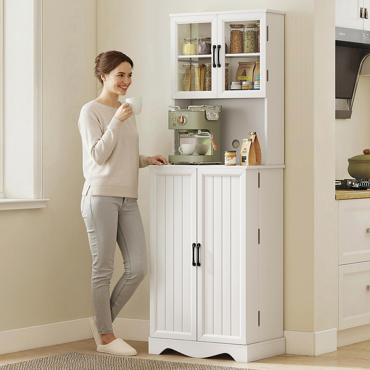 MEHRZWECKSCHRANK DE-11293 4 Türen & 8 Gewürzregale mit Arbeitsplatte Weiß - Weiß, Holzwerkstoff (39.5/179.6/60cm) - ComfortXL