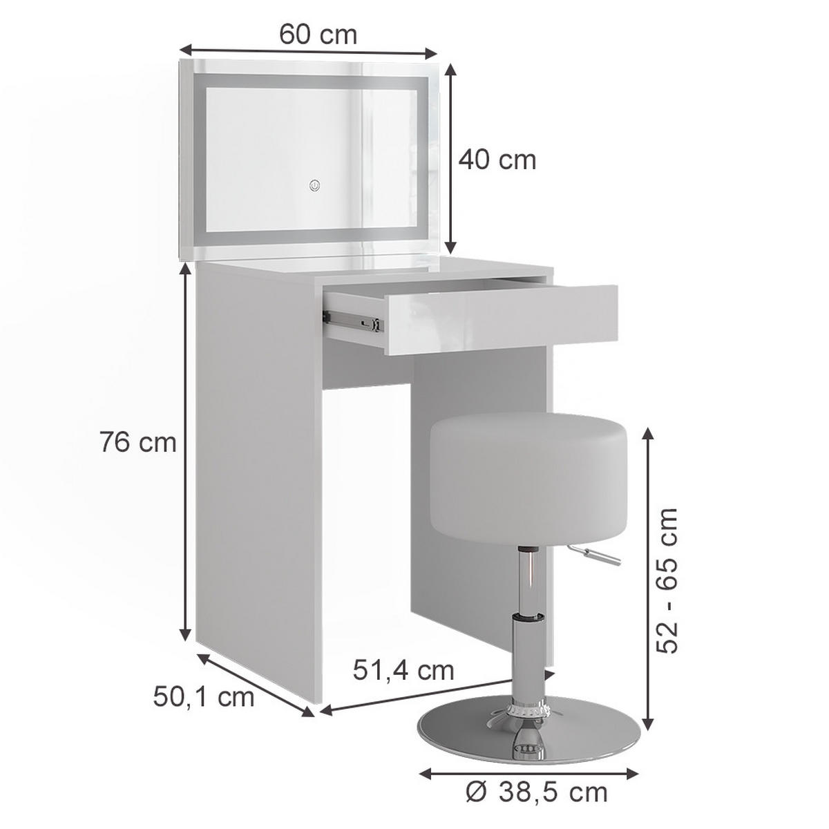 SCHMINKTISCH Sherry Weiß/Weiß Hochglanz 51.4 cm mit LED-Spiegel und Hocker - Weiß Hochglanz, Holzwerkstoff (51.4/76/50.1cm) - Vicco