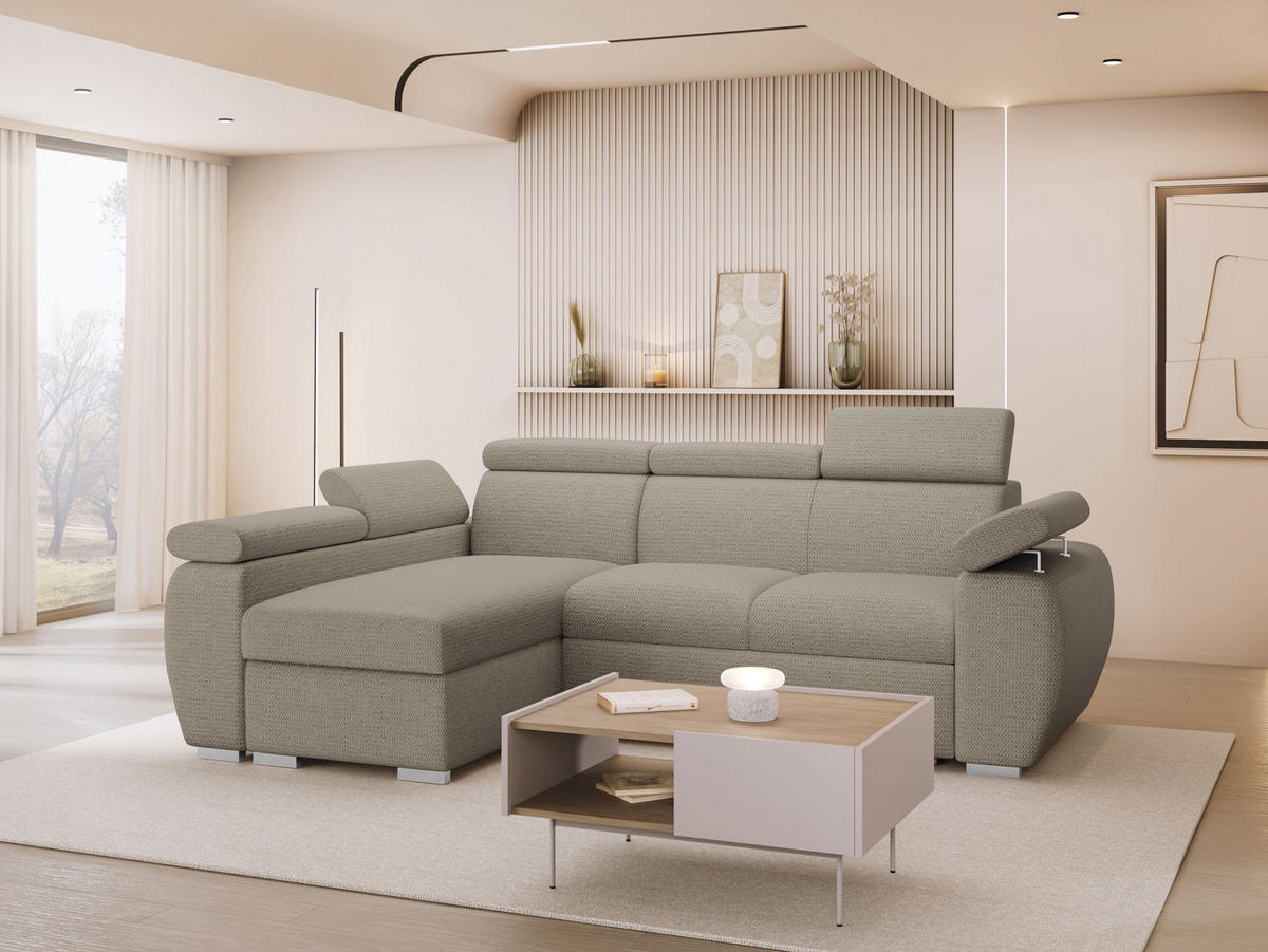 ECKSOFA Boston Mini, Seite: Links - LC+2R - Chromfarben/Hellbraun, Holz/Textil (255/170cm) - MIRJAN24