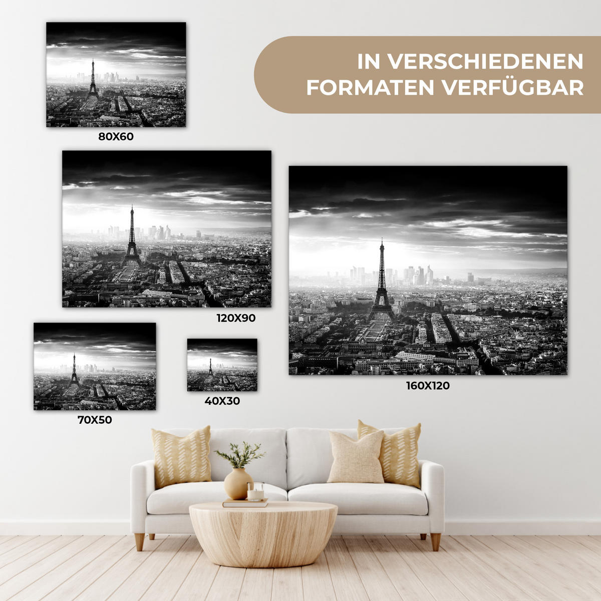 LEINWANDBILD Paris - Skyline - Eiffelturm - Stadt - Wolken 40x30 cm - Dunkelgrau, Textil (40/30cm) - MuchoWow