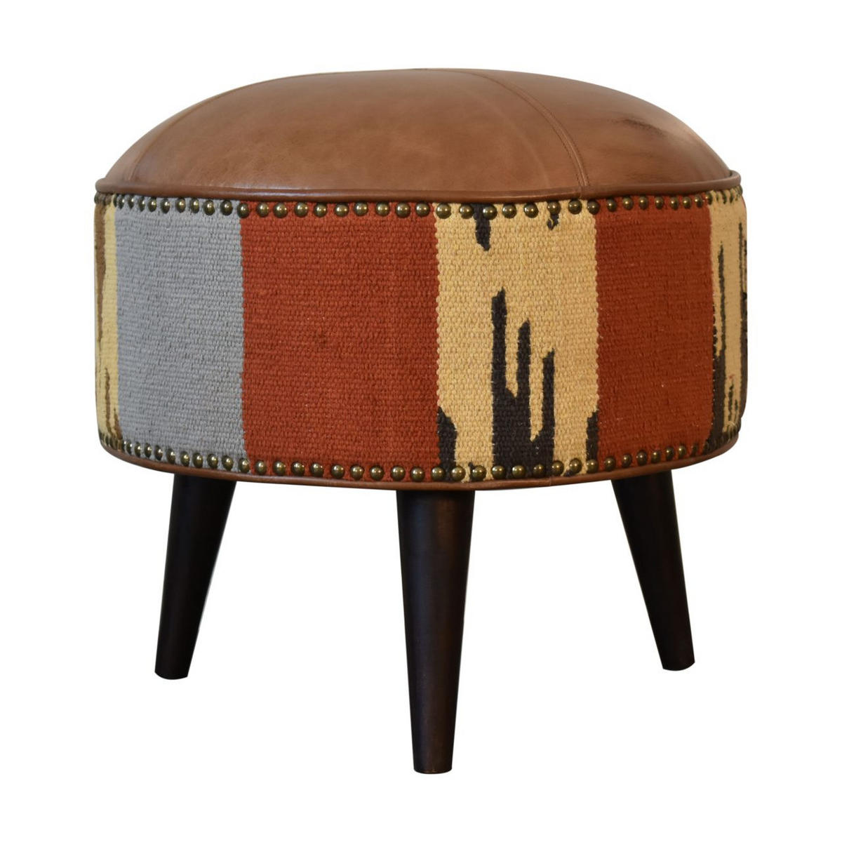 HOCKER mit Durrie-Drucken, Leder-Mix - Messingfarben/Braun, Holz/Metall (45/45/45cm) - Artisan Furniture