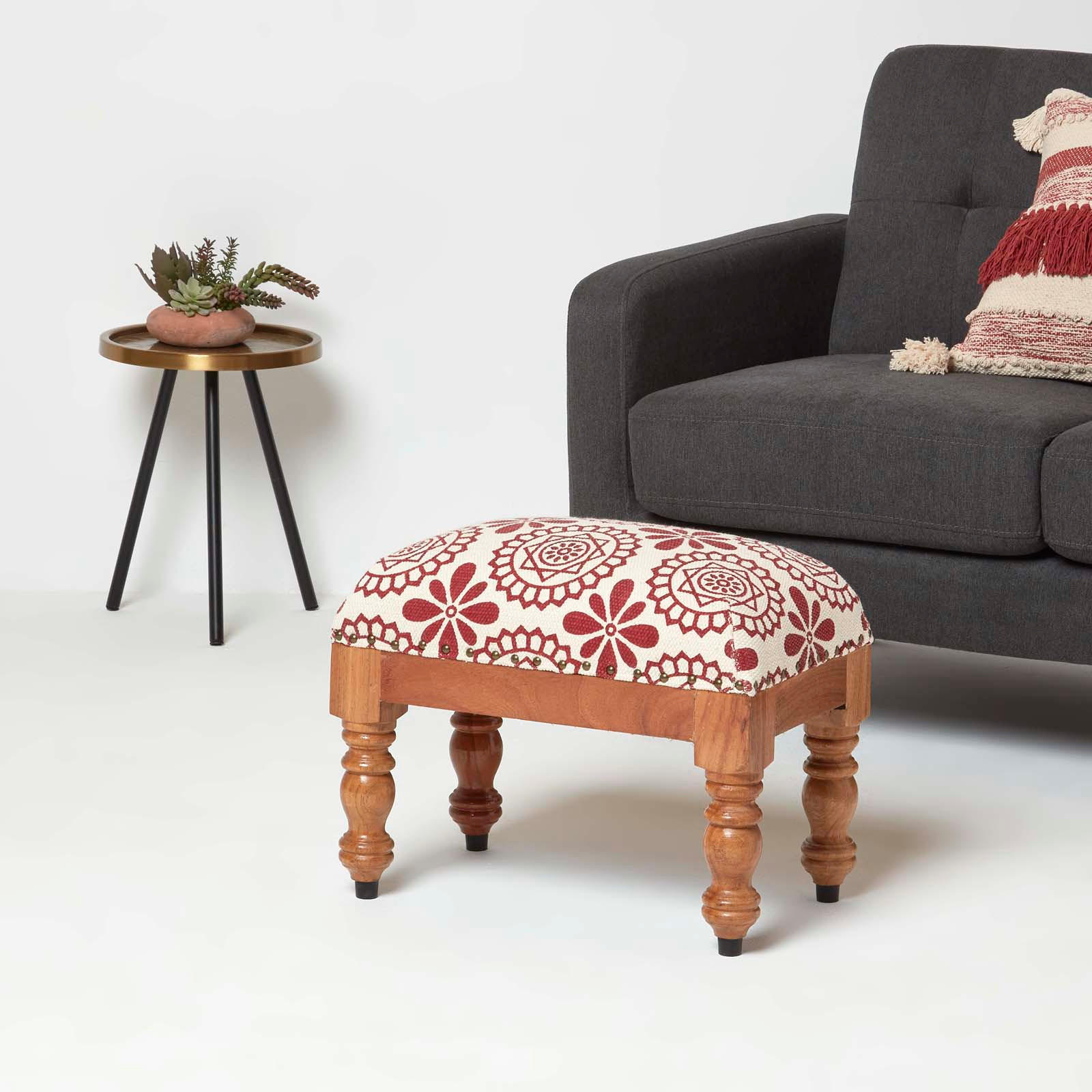 HOCKER Cassia mit Holzbeinen, rot-weiß gemustert, 50/30/40 cm - Rot, Textil (30/40/50cm) - Homescapes