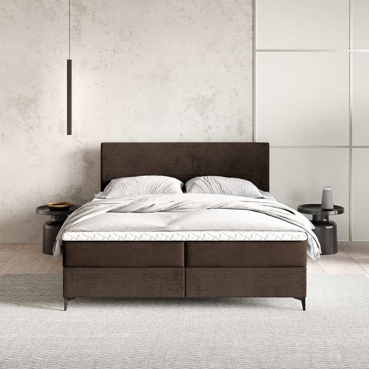 BOXBETT TORREL 160x200 cm mit Matratze und Topper - Braun - Braun, Holz (160/200cm) - MASSENO