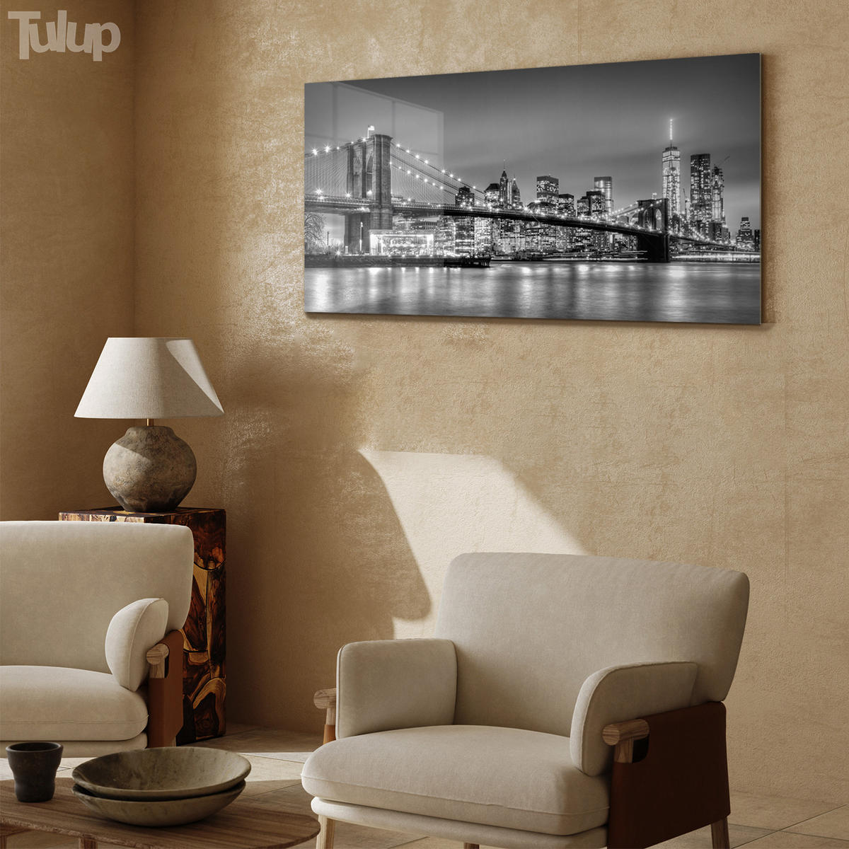 GLASBILD 120x60 cm Brooklyn Bridge - Greige, Glas (120/60cm) - TULUP