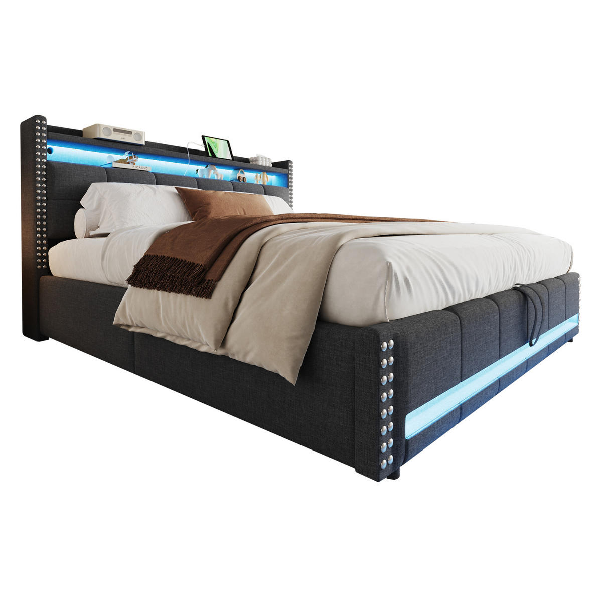 POLSTERBETT 180/200 cm Grau mit LED-Beleuchtung, USB und Stauraum - Grau, Textil (180/200cm) - Flora Grace