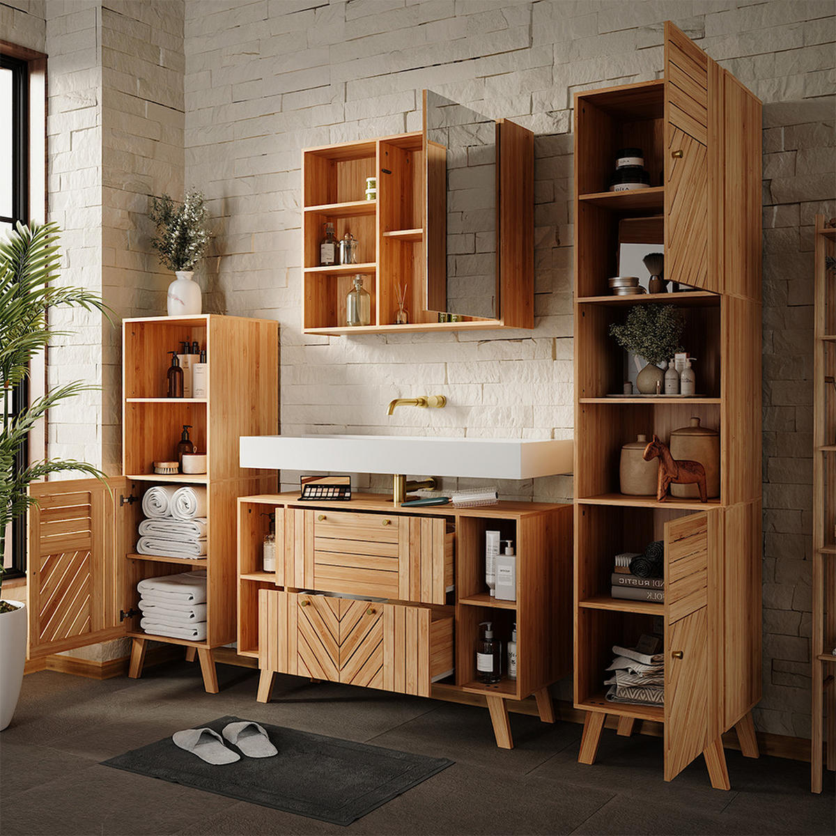 BADMÖBEL-SET Lucie Bambus 4 Teile - Grün, Holzwerkstoff (100/65/36cm) - Vicco