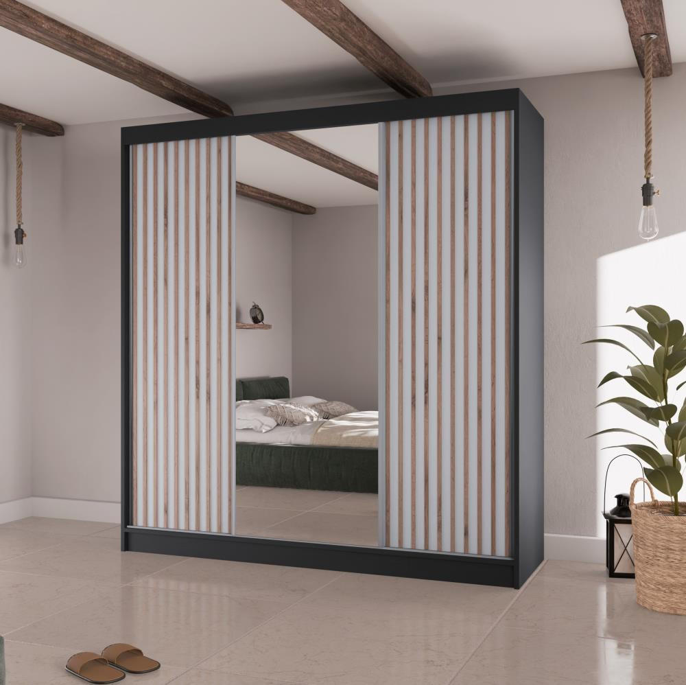 SCHWEBETÜRENSCHRANK Lico II 200/61/215 schwarz+weiß - Schwarz/Weiß, Holzwerkstoff (200/215/61cm) - Beautysofa