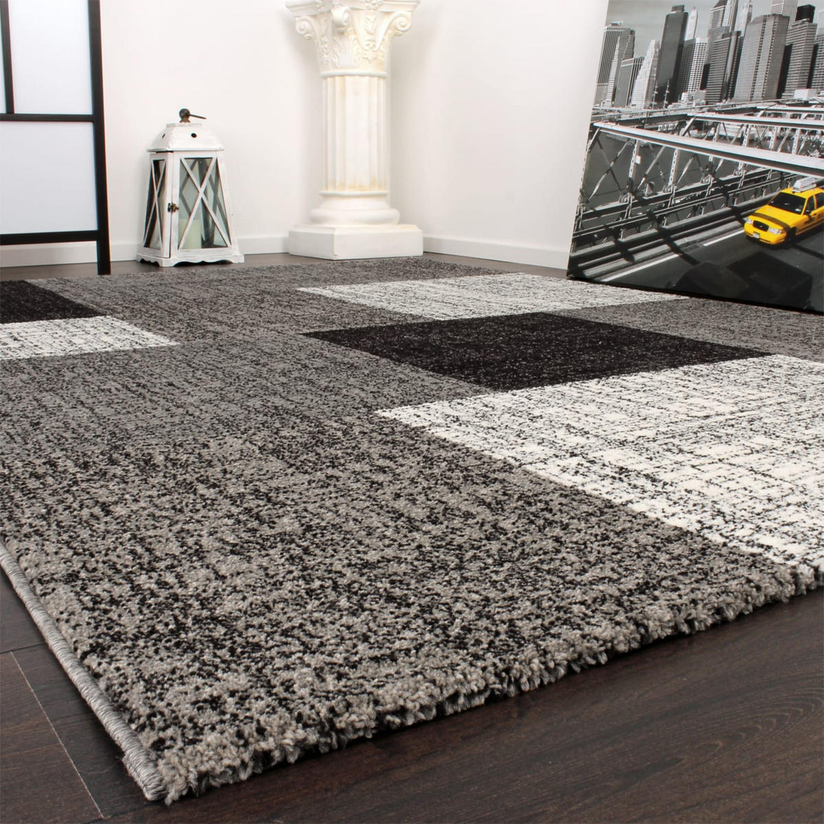 TEPPICH Kurzflor Geometrisches Blockmuster Wohnzimmer schmutzabweisend Grau Rechteckig 60x110 - Grau, Textil (60/110cm) - KADIMA DESIGN