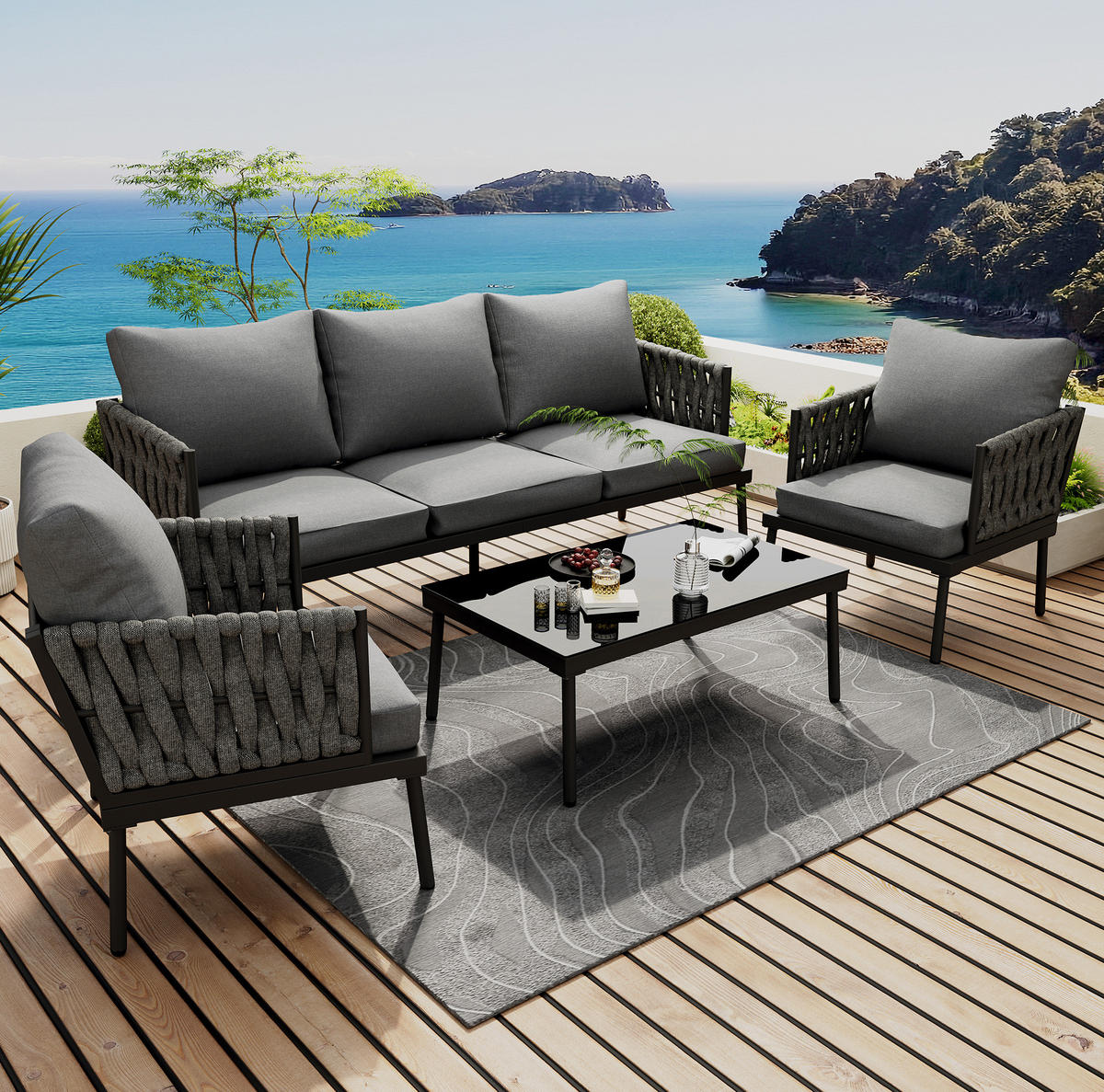 GARTENSET 4-tlg. 180x68x66cm grau aus Stahl und Seil mit Glas - Grau, Textil - Modfu