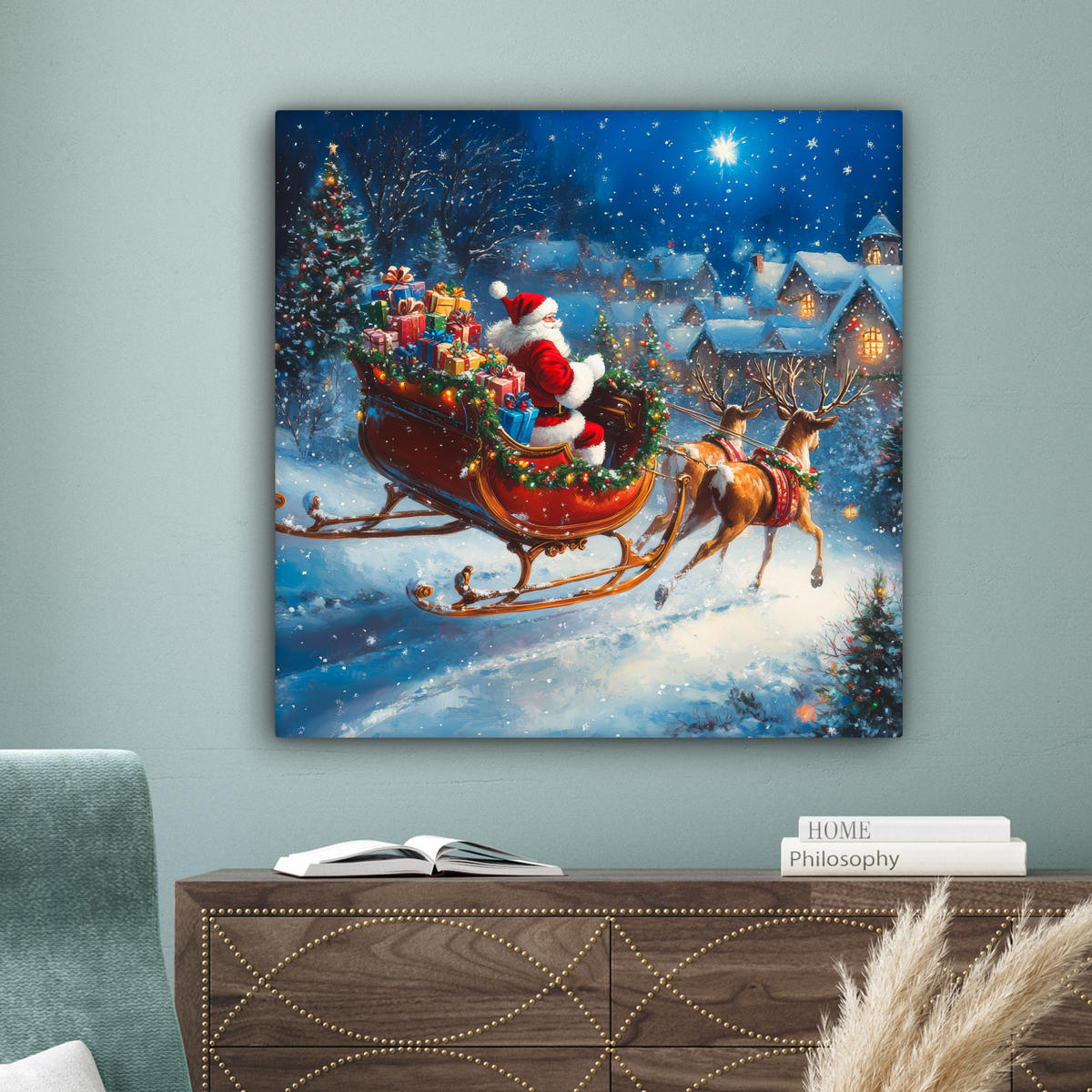 LEINWANDBILD Weihnachtsmann - Rentier - Weihnachten - Schnee 90x90 cm - Cognac, Textil (90/90cm) - MuchoWow