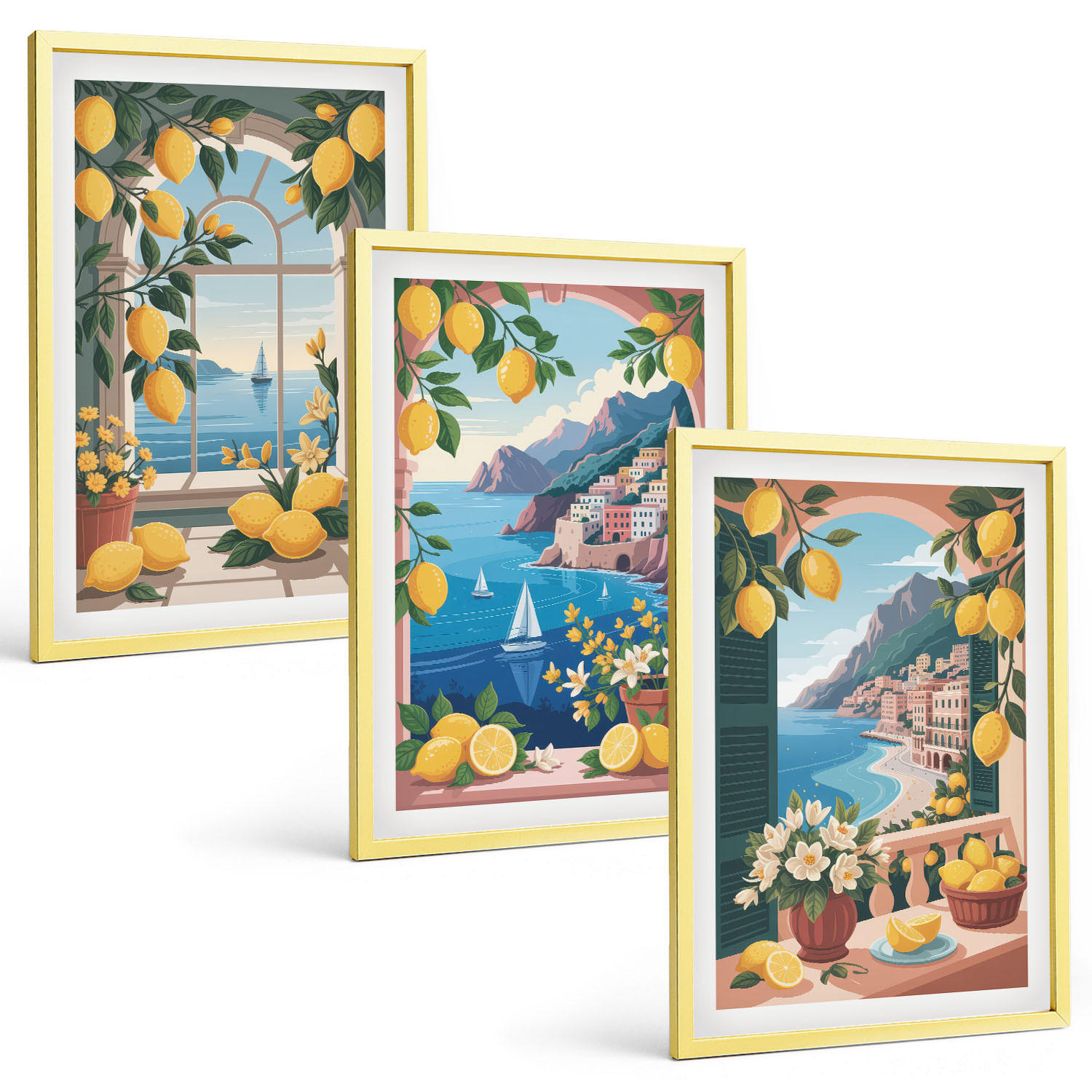 BILDER SET 3er Set - 40x60 cm Goldrahmen - Meerblick, italienische Zitronen - Goldfarben, Kunststoff (40/60cm) - TULUP
