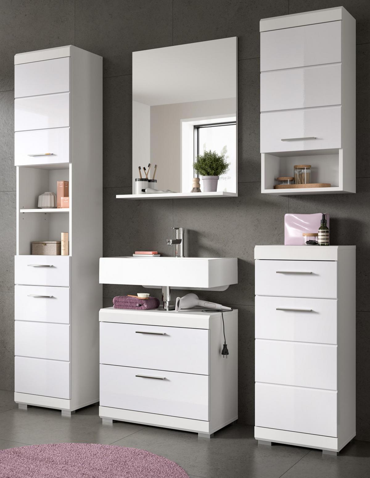 BADMÖBEL-SET weiß Hochglanz 5-teilig 164 cm, Komplettset mit viel Stauraum - Weiß Hochglanz, Glas/Holzwerkstoff (164/191/37cm) - Inn.Furn