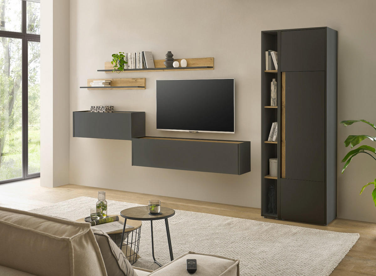 WOHNWAND mit Sekretär grau matt, Eiche Wotan 340 cm, Wohnkombination 6-teilig - Eiche Wotan/Grau, Holzwerkstoff/Metall (340/200/40cm) - Furn.Design