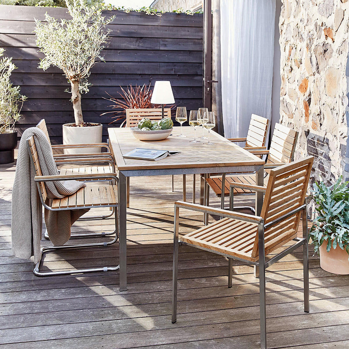 GARTENSTUHL - Teak massiv / Edelstahl - Teak / Silber - 2er-Set - Silberfarben/Braun, Holz/Metall (55/86/58cm) - home24