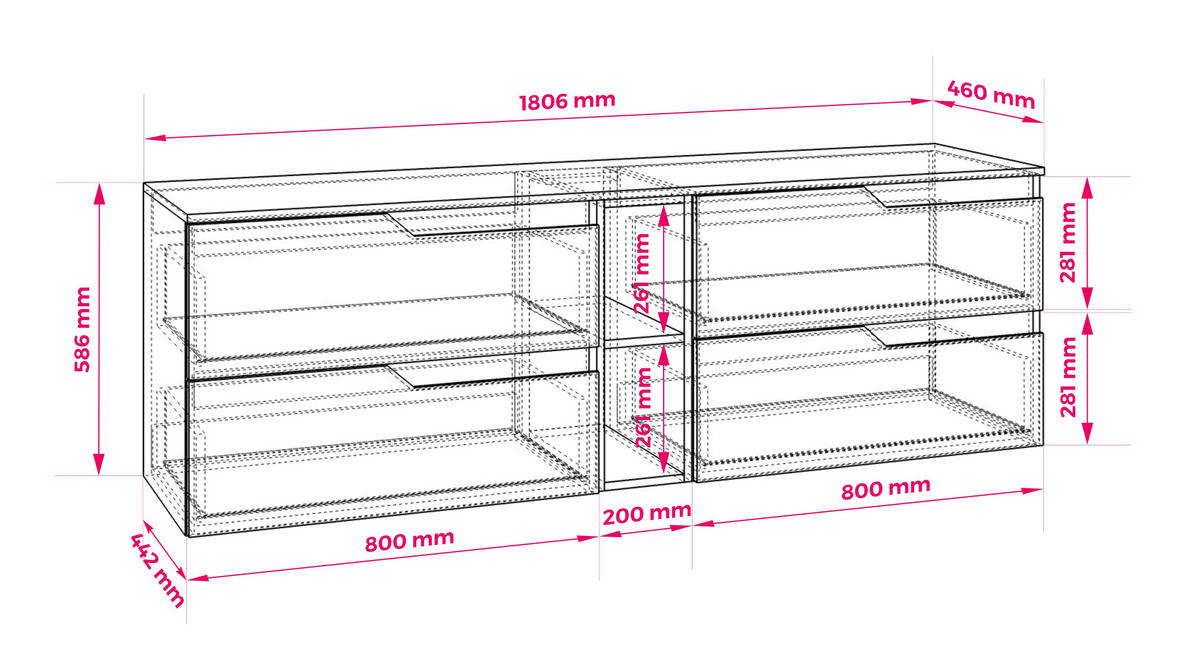 BADEZIMMERSCHRANK: Schwarz, 180 (2 x 80 + 20) x 46 x 58 cm - Schwarz, Holzwerkstoff (180/58/46cm) - 3XE LIVING