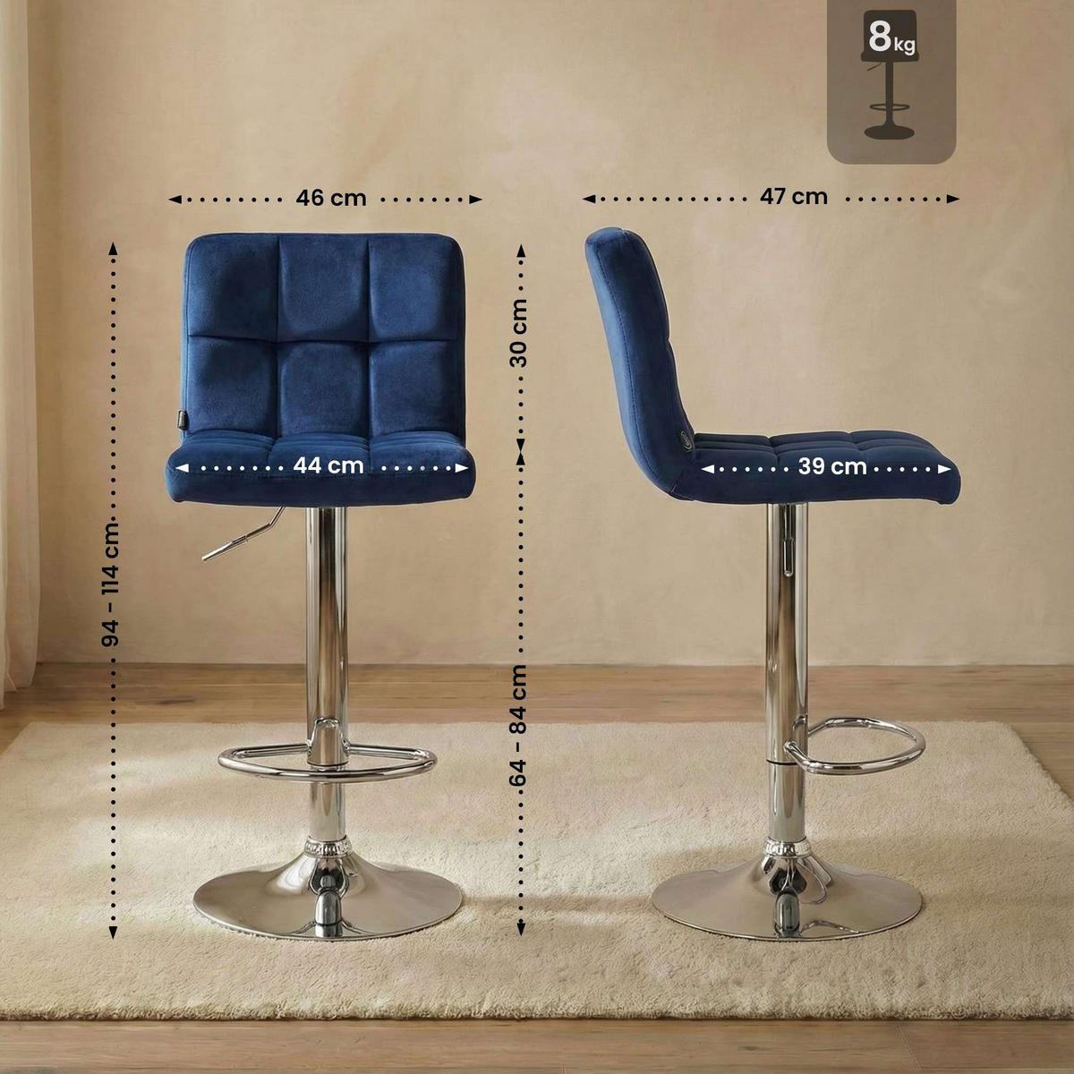 BARHOCKER Samt Blau - Chromfarben/Blau, Textil/Metall (46/94/47cm) - CLP