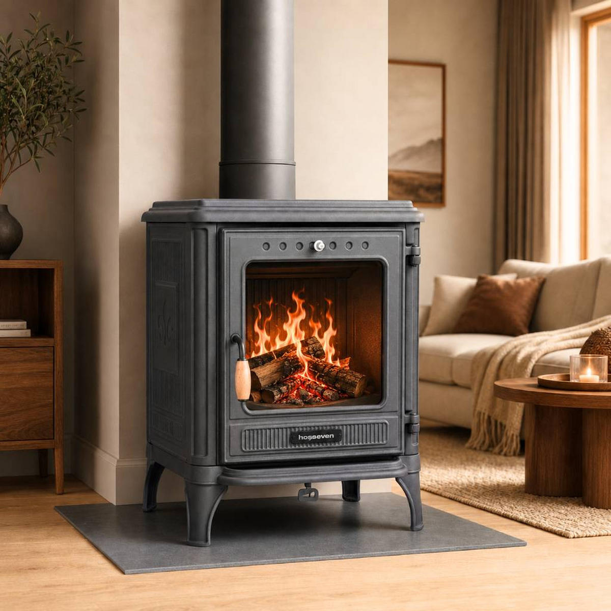 HOSSEVEN Kaminofen Holzofen Gusseisen 7 kW Holz Ofen Kamin 8005 Heizofen - Schwarz, Metall (51.6/68.3/45.8cm)