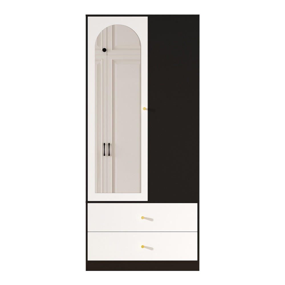 KLEIDERSCHRANK mit Spiegel und einer Tür - 2 Schubladen & 4 Fächern - 80x40x180 cm - Weiß & Schwarz - Schwarz, Holzwerkstoff (80/180/40cm) - DELFA