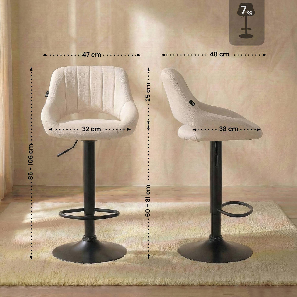 BARHOCKER Stoff Creme - Creme/Schwarz, Textil/Metall (47/85/48cm) - CLP