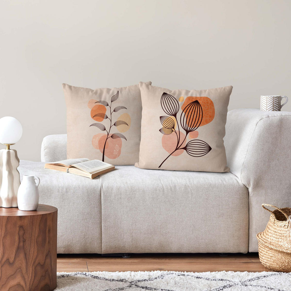 DEKOKISSEN 2er-Set Boho Blätter Duo II 50/50 cm - Orange, Textil (50/50cm) - Bilderwelten