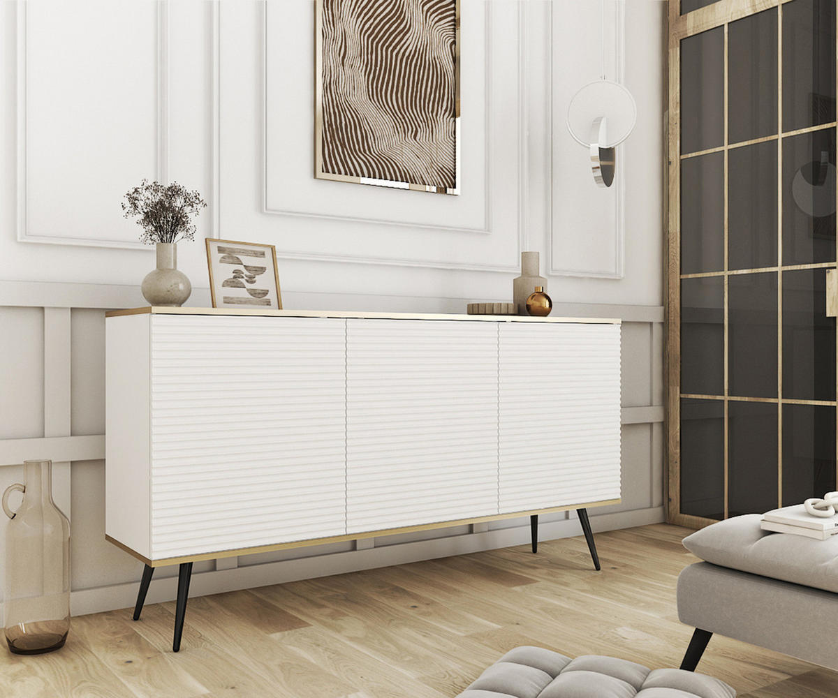 KOMMODE FORNO (Weiß, Rillenfront, Goldene Details, 3 Türen, schwarze Metallfüße, 160 cm) - Schwarz/Weiß, Holz/Holzwerkstoff (160/85/39cm) - Ravio