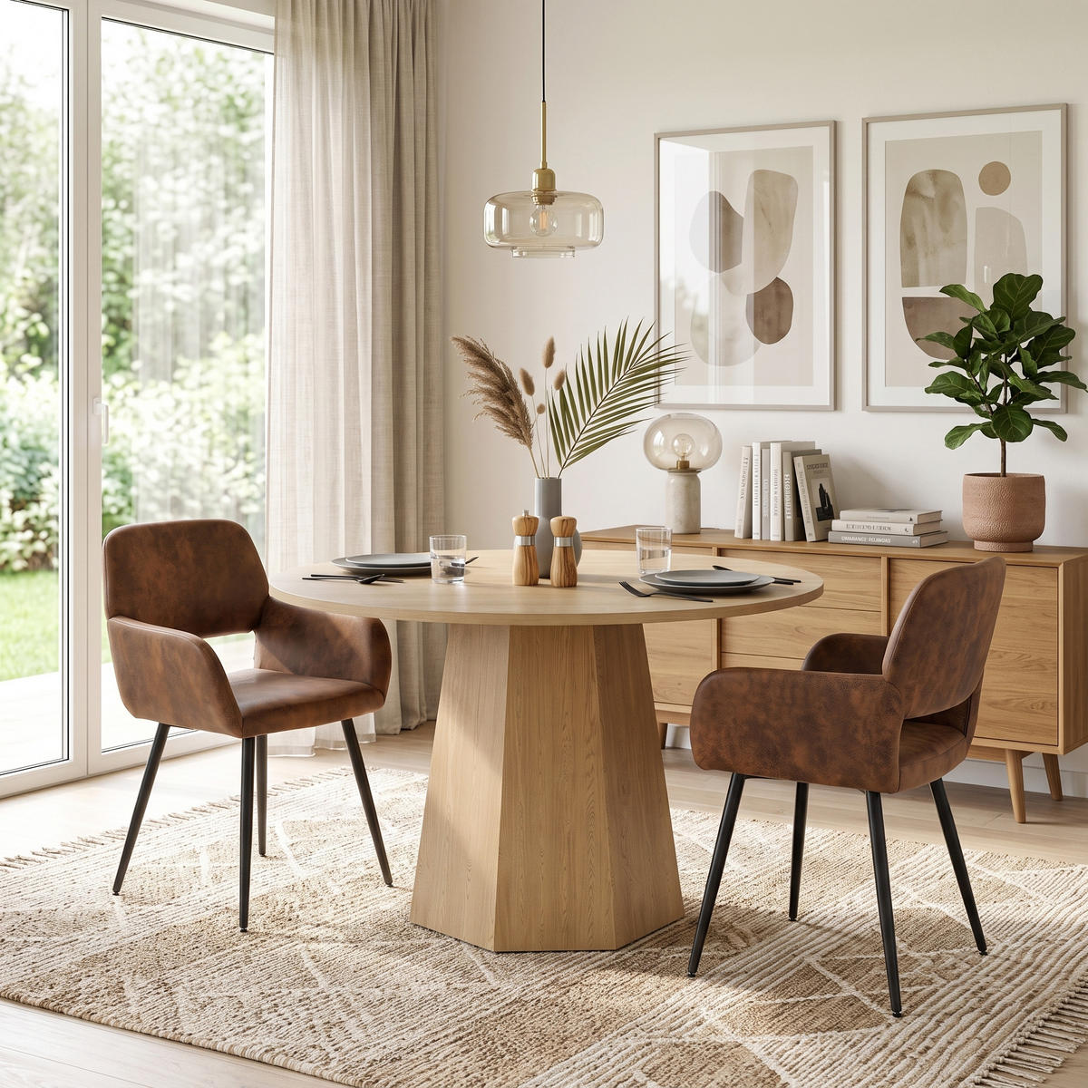 ESSGRUPPE 1+2 Runder Tisch Ø120cm Eiche & 2 braune Armlehnstühle - Eichefarben, Holzwerkstoff (120/75/120cm) - Urban Meuble