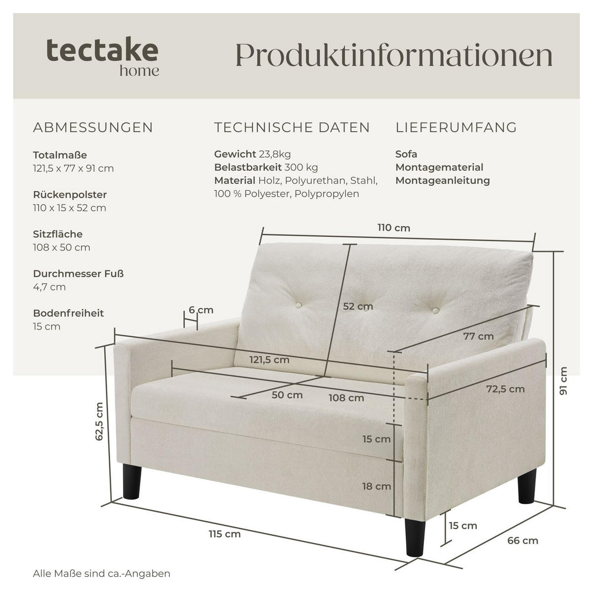 SOFA Viborg, 121,5 x 77 x 91 cm, creme - Creme/Braun, Kunststoff/Textil (121.5/91/77cm) - tectake