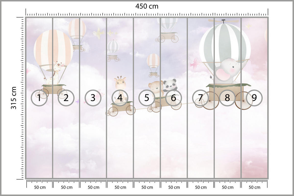 FOTOTAPETE für Kinderzimmer Tiere Wolken Luftballons 450x315 - Beige/Violett, Papier (450/315cm) - Muralo