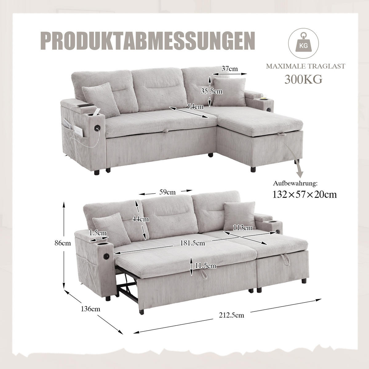 ECKSCHLAFSOFA 3-Sitzer Cord mit Schubladenbett und USB-Anschluss Hellgrau 212,5/136/86 cm - Hellgrau, Textil (136/212.5cm) - Redom