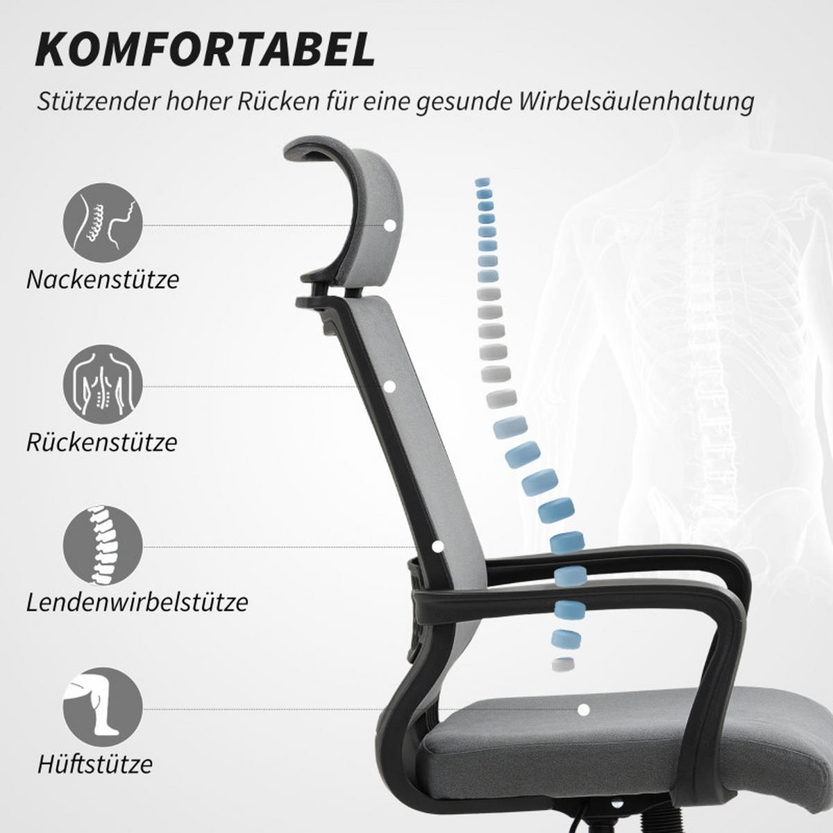 ERGONOMISKA snurrstolar med nackstöd och gungfunktion, mörkgrå - Mörkgrå, Metall (60.5/117/69cm) - SHOPENTRA