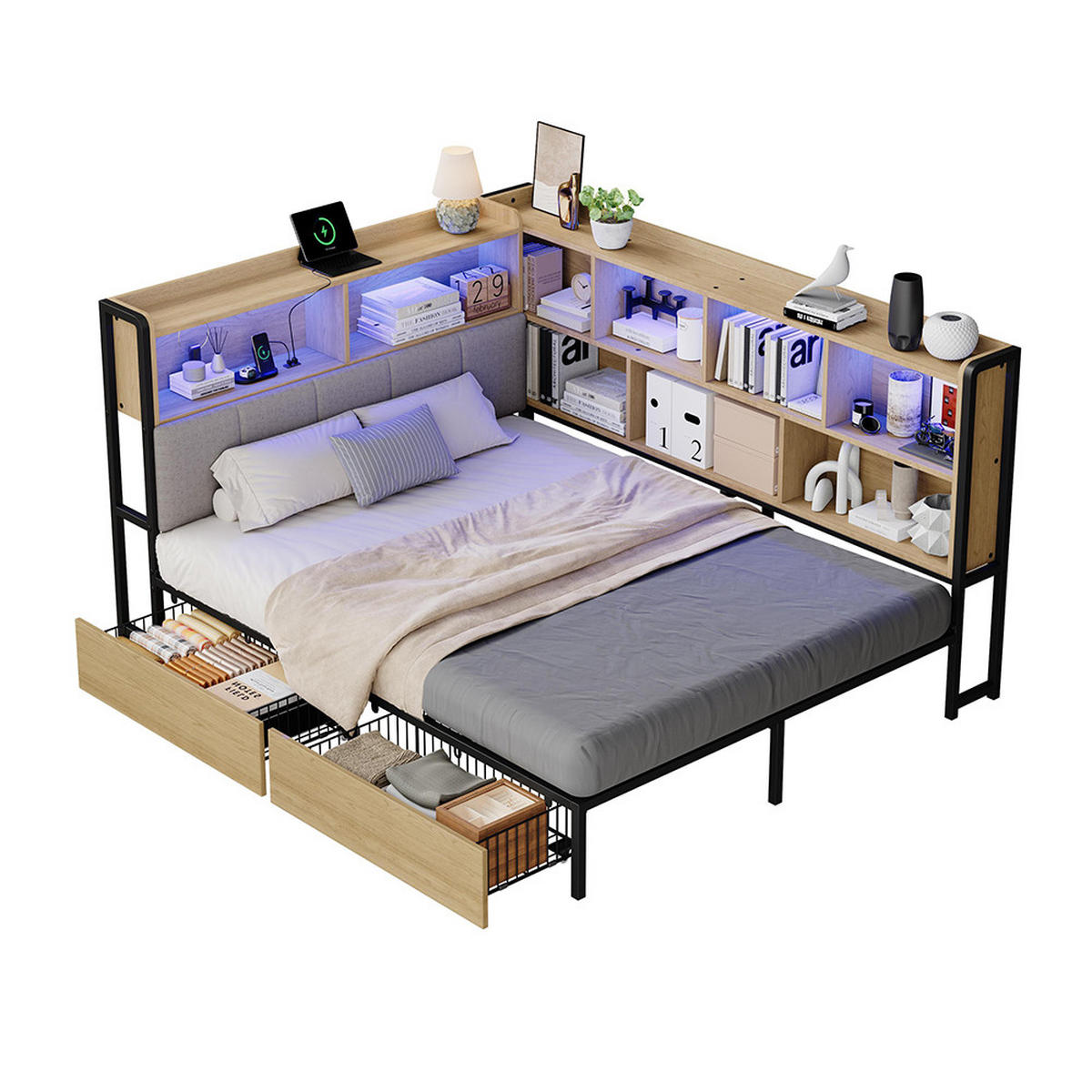 KREVET ZA MLADE 140x200 cm s LED rasvjetom, prirodna boja, metalni okvir kreveta - prirodne boje, metal (140/200cm) - KOMHTOM
