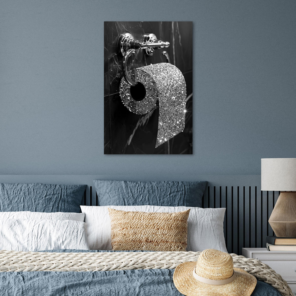 POSTER WC - Toilettenpapier - Schwarz und weiß - Glitter 40x60 cm - Silberfarben, Papier (40/60/0.1cm) - MuchoWow