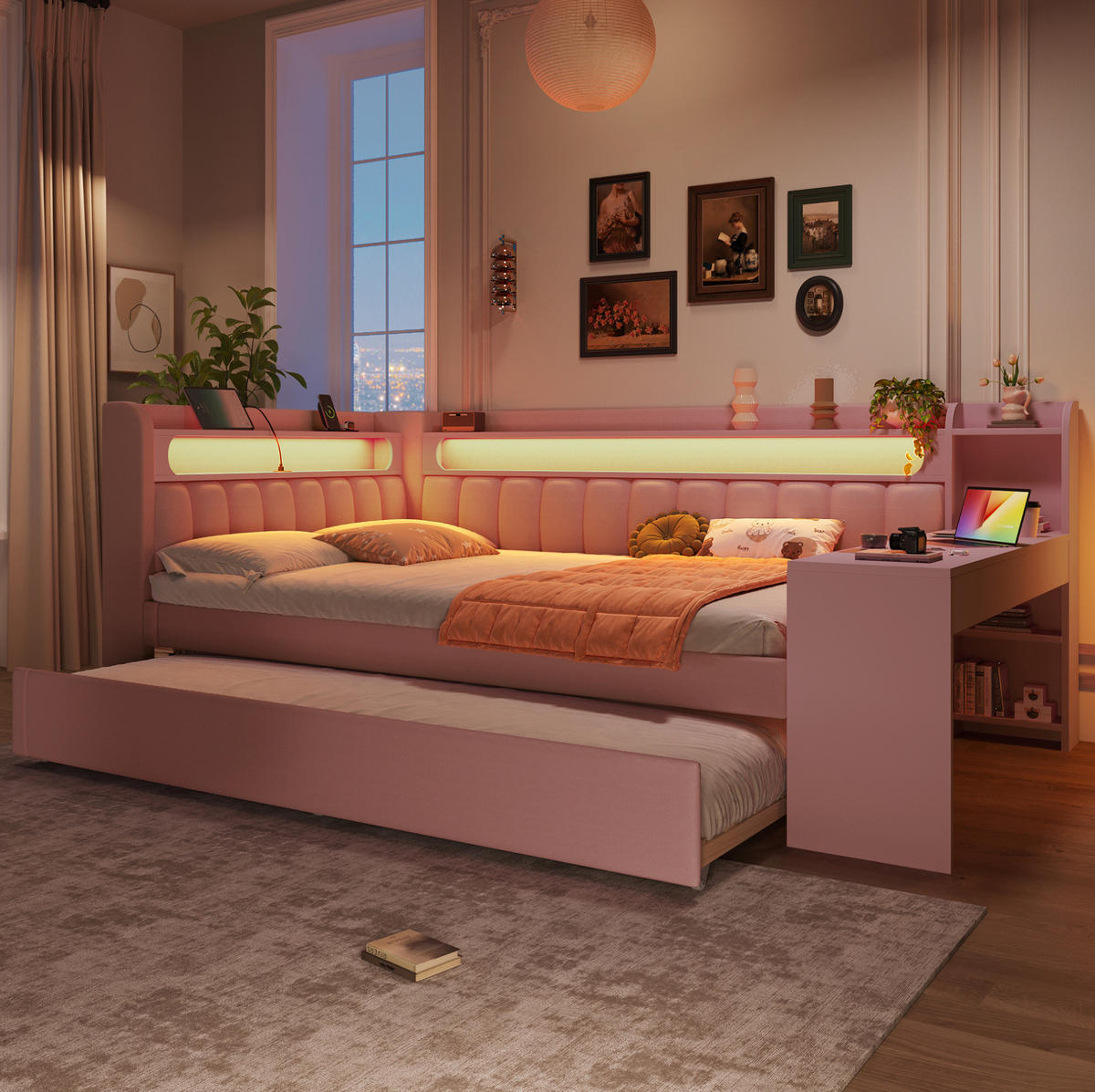 POLSTERBETT 140/200 cm mit LED-Beleuchtung, USB und Ausziehbett in Rosa - Rosa, Holzwerkstoff (140/200cm) - BEAOK