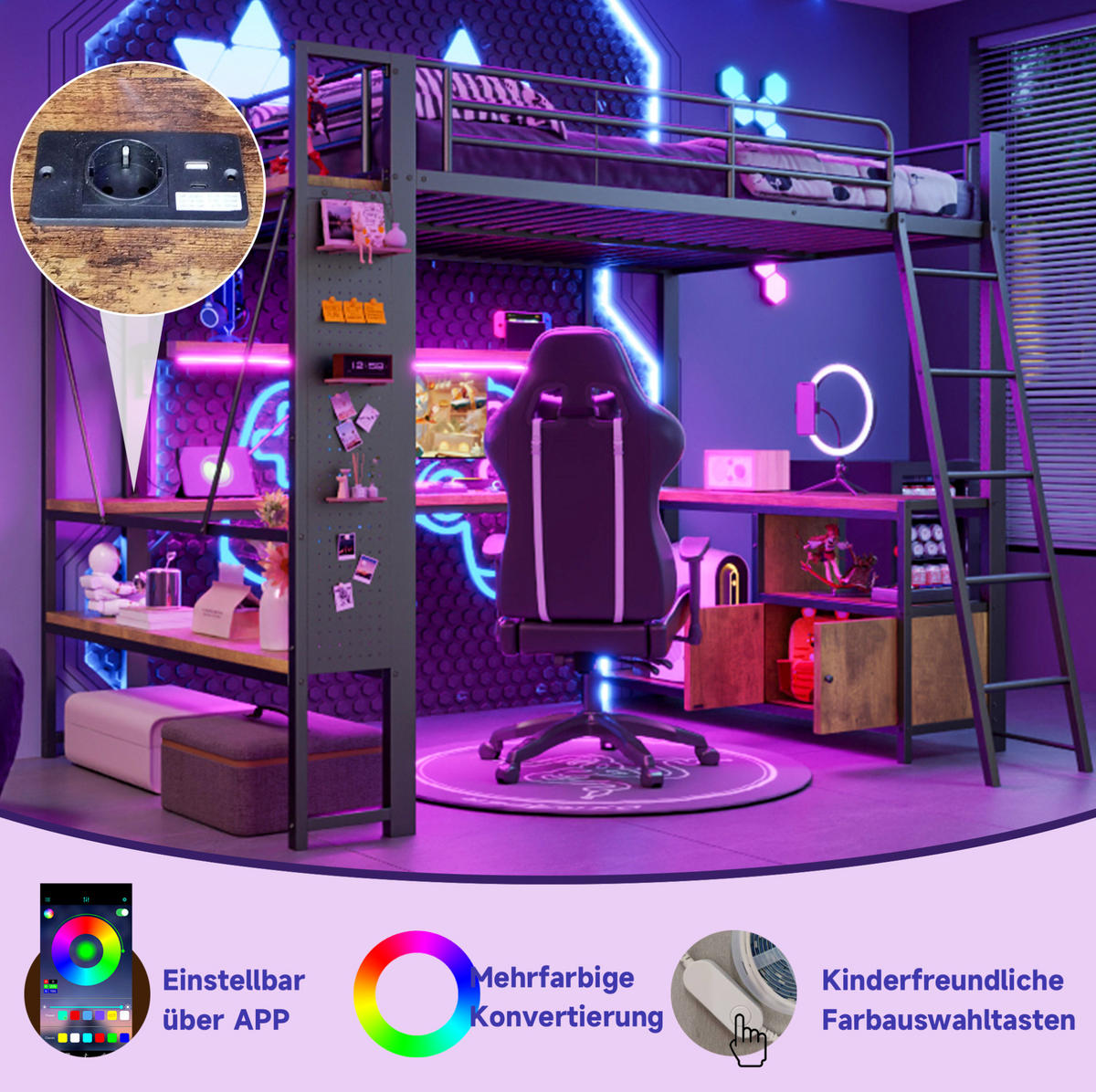 HOCHBETT 140/200 cm aus Metall mit LED-Lichtleiste und Schreibtisch Schwarz - Schwarz, Metall (140/200cm) - Modenvie