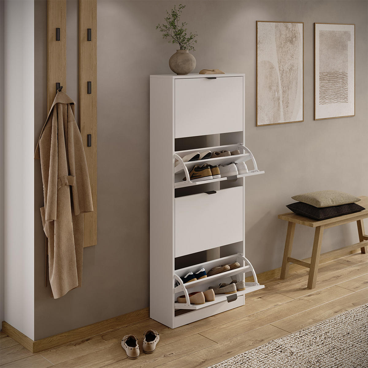 SCHUHKIPPER Gizmo, Weiß, 59 x 146.6 cm mit 4 Fächern - Schwarz/Weiß, Holzwerkstoff (59/146.6/22cm) - Vicco