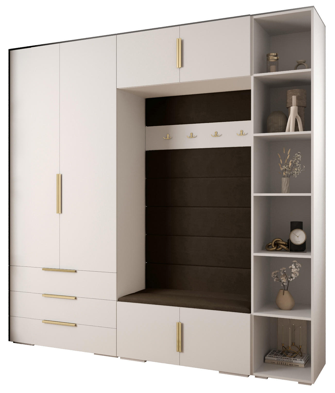 Abiks Möbel Garderoben-Set Weiß, Braun, Gold 240x236.7x47 cm
