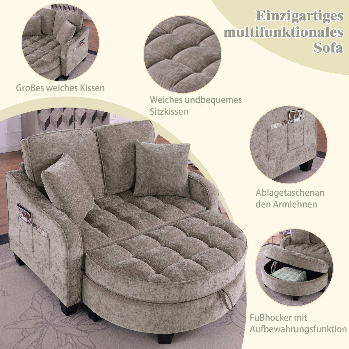 SCHLAFSOFA 2-in-1 mit Hocker und Stauraum, Braun - Braun, Holz (132/93/129cm)