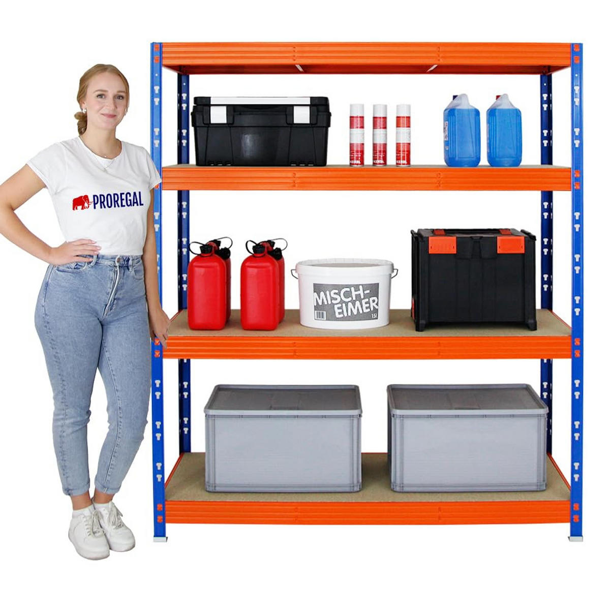 SCHWERLASTREGAL Rhino 180x160x60 cm 4 Spanplatten-Ebenen 8mm Fachlast 500 kg Blau/Orange - Blau/Orange, Metall (160/180/60cm) - PROREGAL