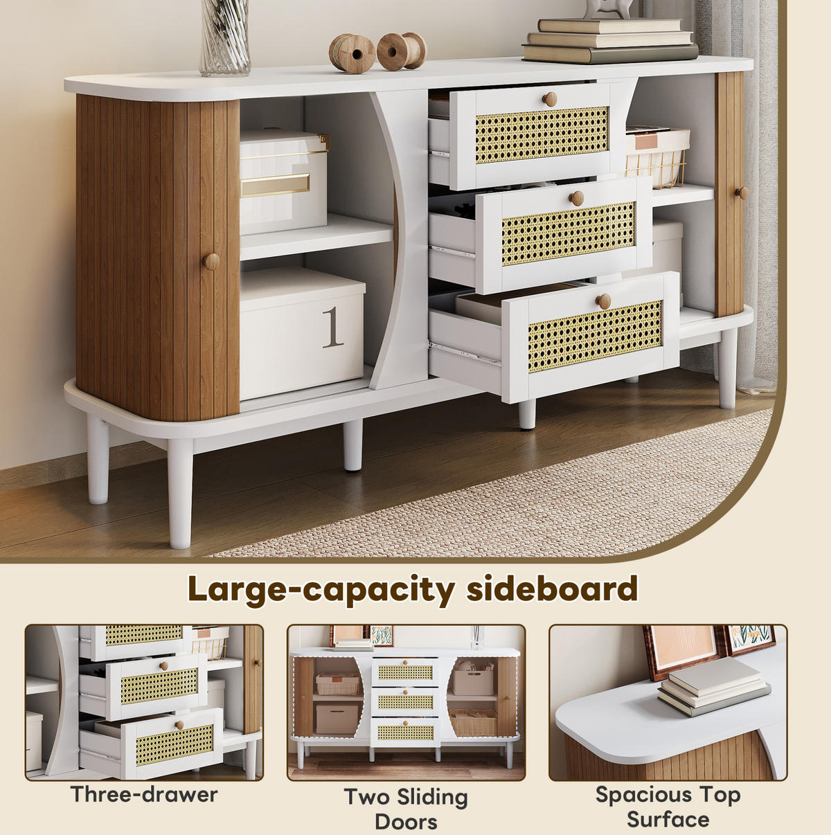 SIDEBOARD 140.5/40/76 cm Weiß und Holzfarbe aus MDF und Holzwerkstoff mit verstellbaren Einlegeböden - Weiß, Holzwerkstoff (40/76/140.5cm) - OKMYHOME